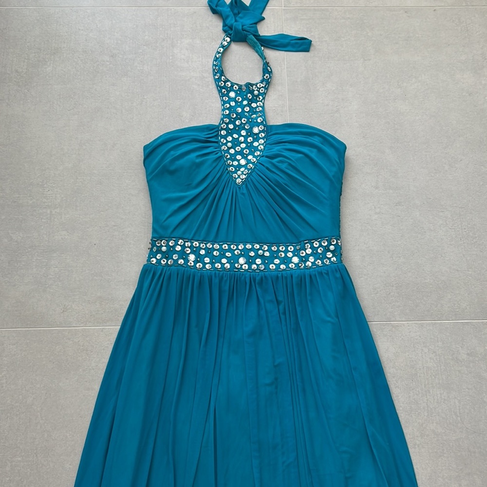 women size small turquoise party dress beads neckline halter lightweight teal